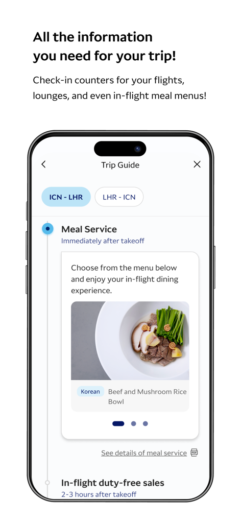 Korean Air My app displaying a trip guide with in-flight meal selection featuring a Beef and Mushroom Rice Bowl