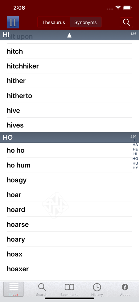Roget's II: New Thesaurus - Screenshot of the Roget's II New Thesaurus app showing an alphabetical index of words.