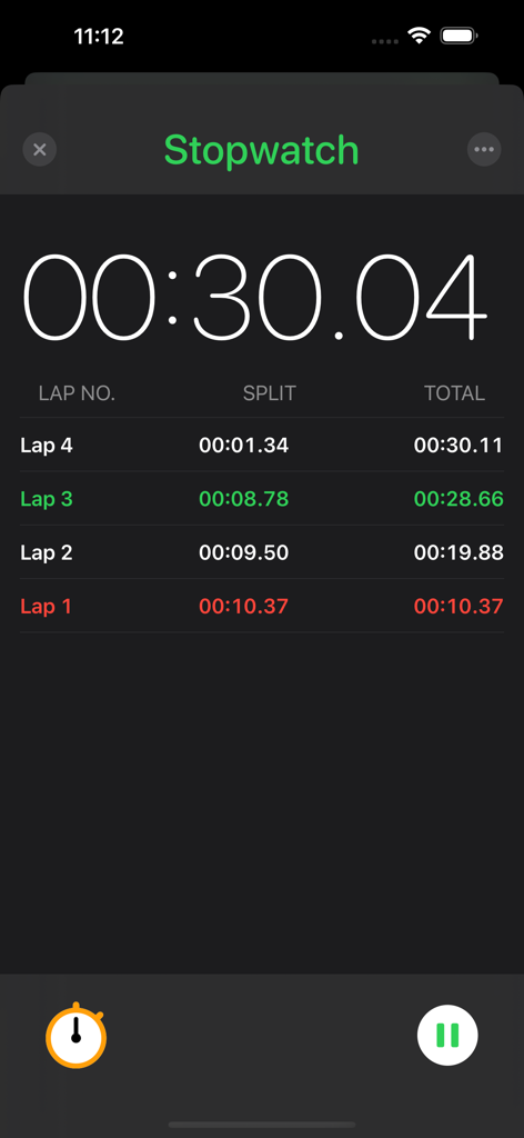 Just Timers - Schermata del cronometro dell'app Just Timers che mostra l'ora corrente e un elenco di giri registrati con tempi parziali in modalità scura.