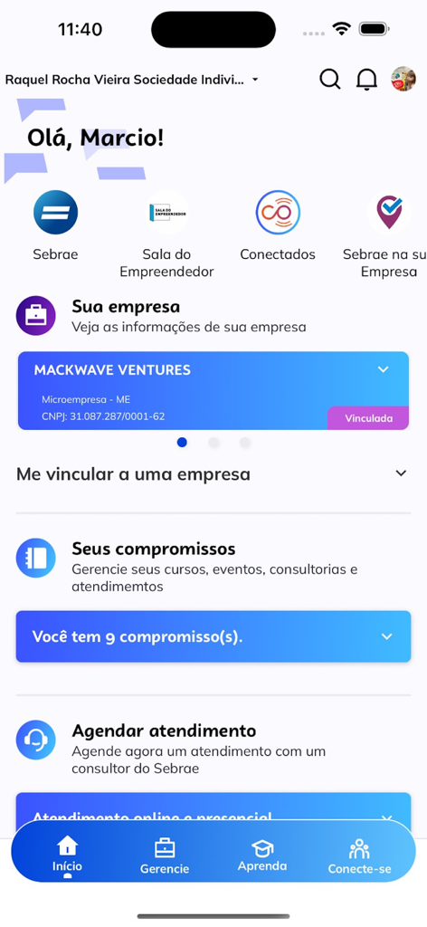 Sebrae - Dashboard der Sebrae-Mobil-App mit Tools zur Geschäftsverwaltung und Terminen