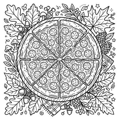 Indulge in a unique coloring experience with this delightful pepperoni pizza, beautifully framed by a bounty of autumn leaves and harvest treasures. Perfect for celebrating the cozy vibes of fall, this page offers intricate details for hours of creative enjoyment.