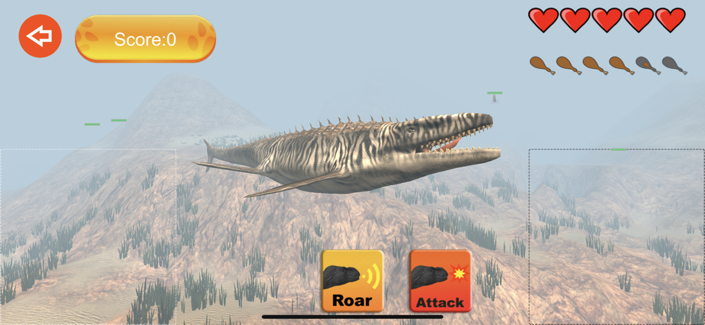 恐竜シミュレーターの水中ゲームプレイ。モササウルスと、咆哮や攻撃のアクションボタンが表示されています。