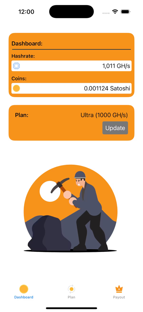 Tableau de bord de l'application Bitcoin Mining Cloud montrant le hashrate et les pièces Satoshi avec une illustration de mineur numérique