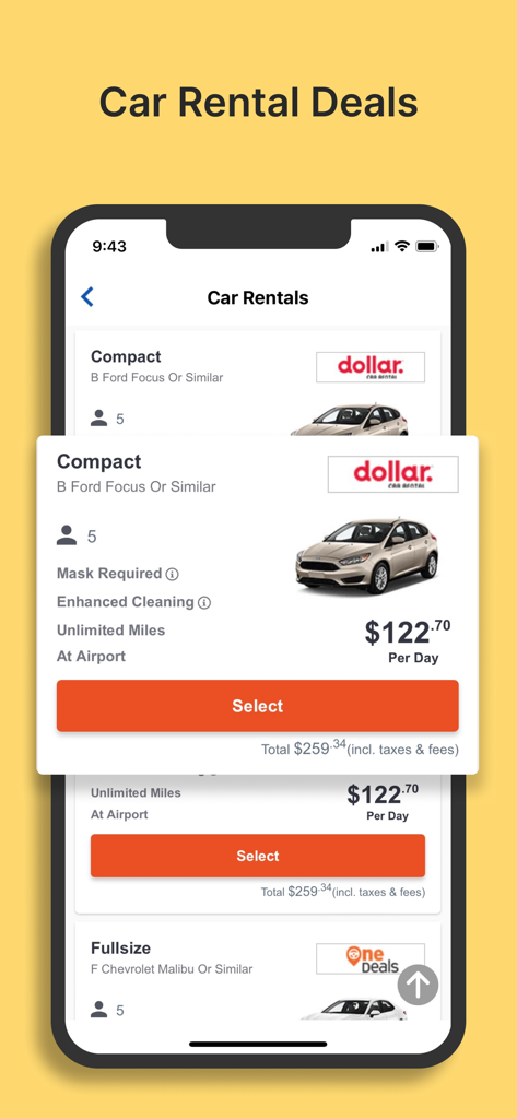 OneTravel Flight & Hotel Deals - Captura de pantalla de la aplicación OneTravel que muestra opciones de alquiler de coches compactos con precios y detalles del vehículo