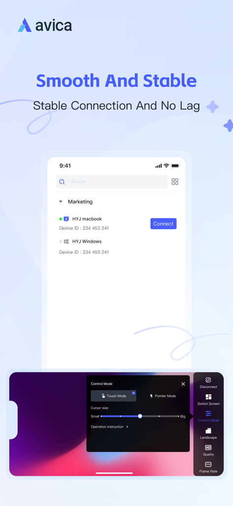 Avica Business - Aplicación Avica Business mostrando la lista de dispositivos de conexión remota y la configuración del modo de control