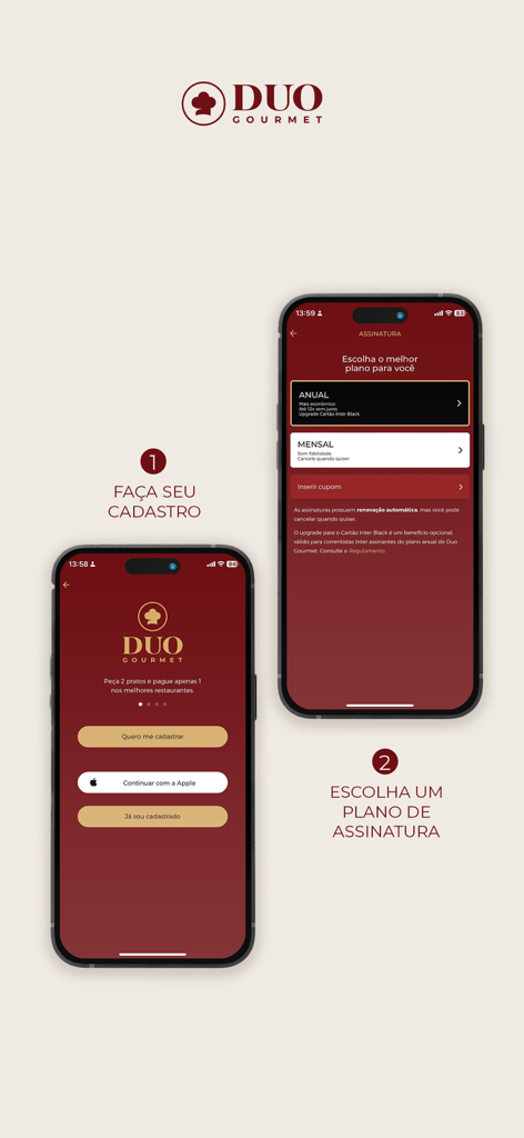 Mobile app screens showing the registration process and subscription plan options for Duo Gourmet dining membership