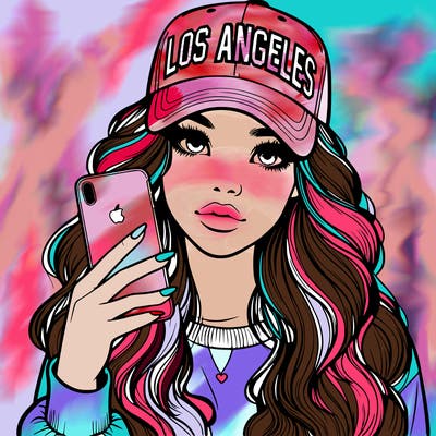 realistic beautiful girl wearing los ángeles cap holding an iphone