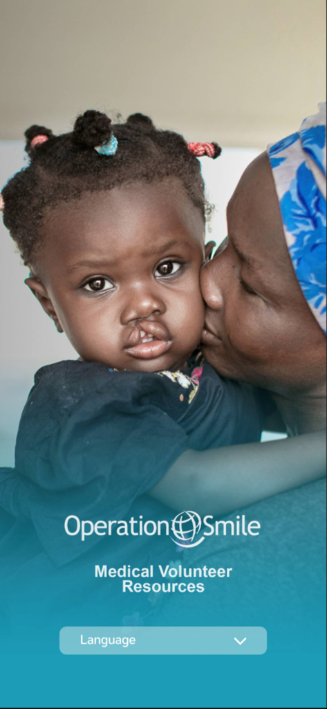 Operation Smile app splash screen showing a child with a cleft lip and the title Medical Volunteer Resources