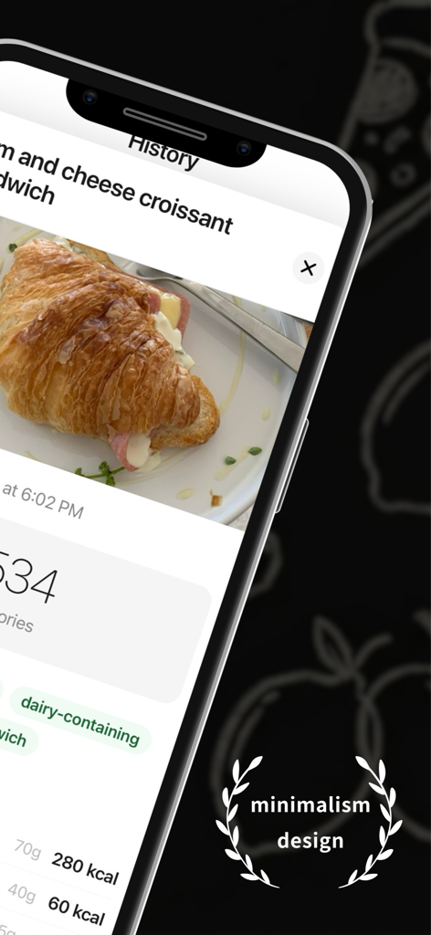 Caloo - Track Your Calories - Caloo app interface showing a logged croissant sandwich with calorie count and minimalist design