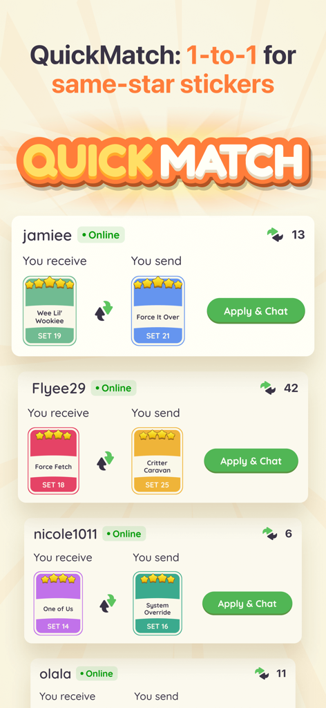 StickerHub - GO Sticker - StickerHubアプリのインターフェースには、Monopoly GOのステッカーを1対1で交換するためのQuickMatch機能が表示されています。