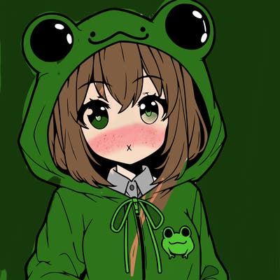 an anime girl wearing a frog hoodie