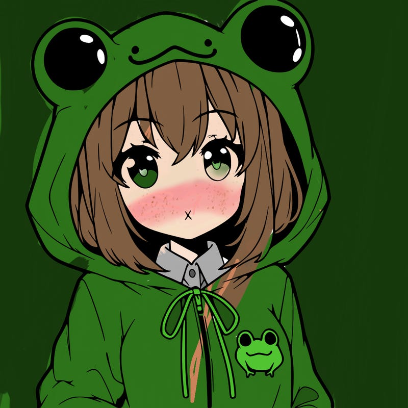 an anime girl wearing a frog hoodie