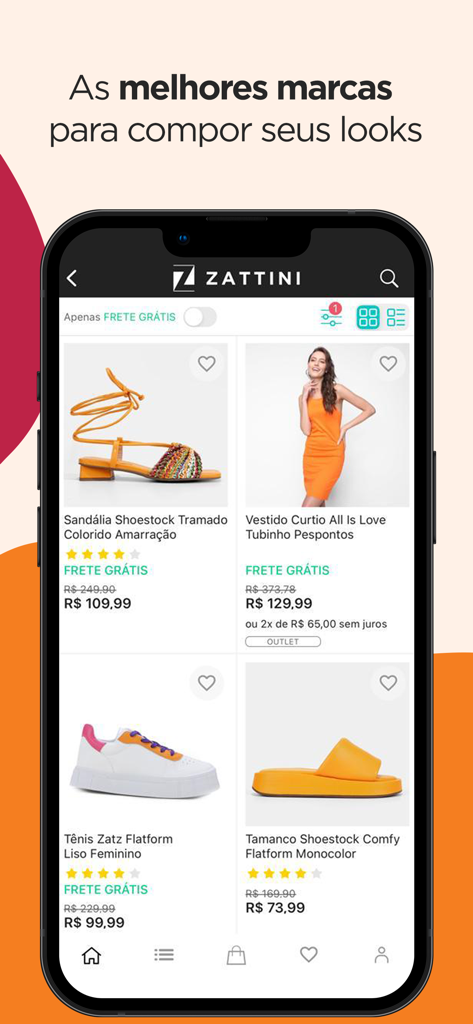 Zattini: ofertas de roupas - Interface do aplicativo móvel da Zattini mostrando uma grade de produtos de moda incluindo sapatos e um vestido com preços e descontos.