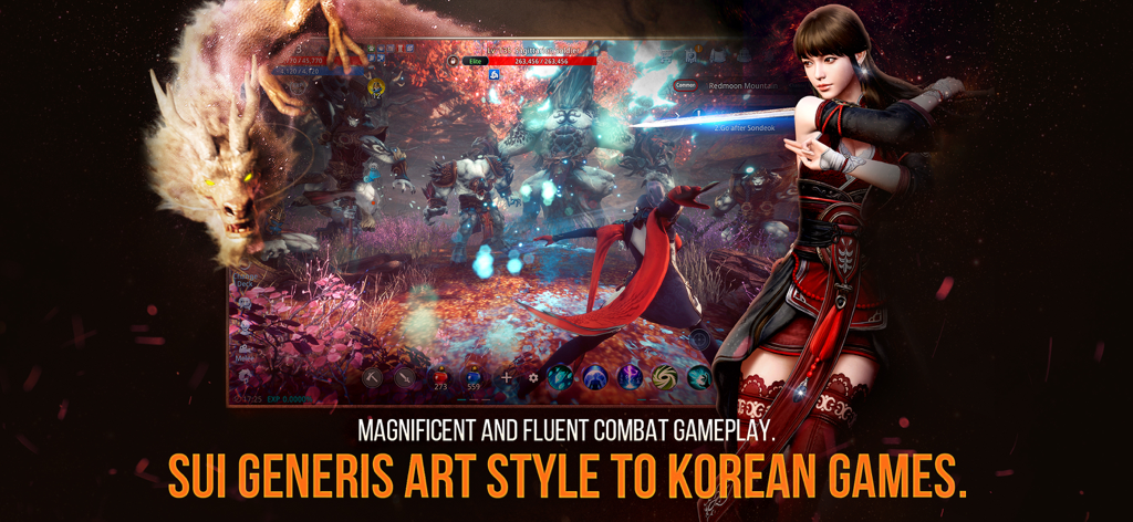 Action packed MIR4 gameplay screenshot featuring a female warrior and a dragon in a Korean fantasy setting.