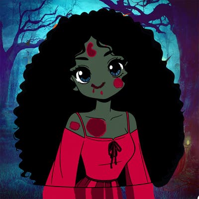 a black anime girl with long afro hair