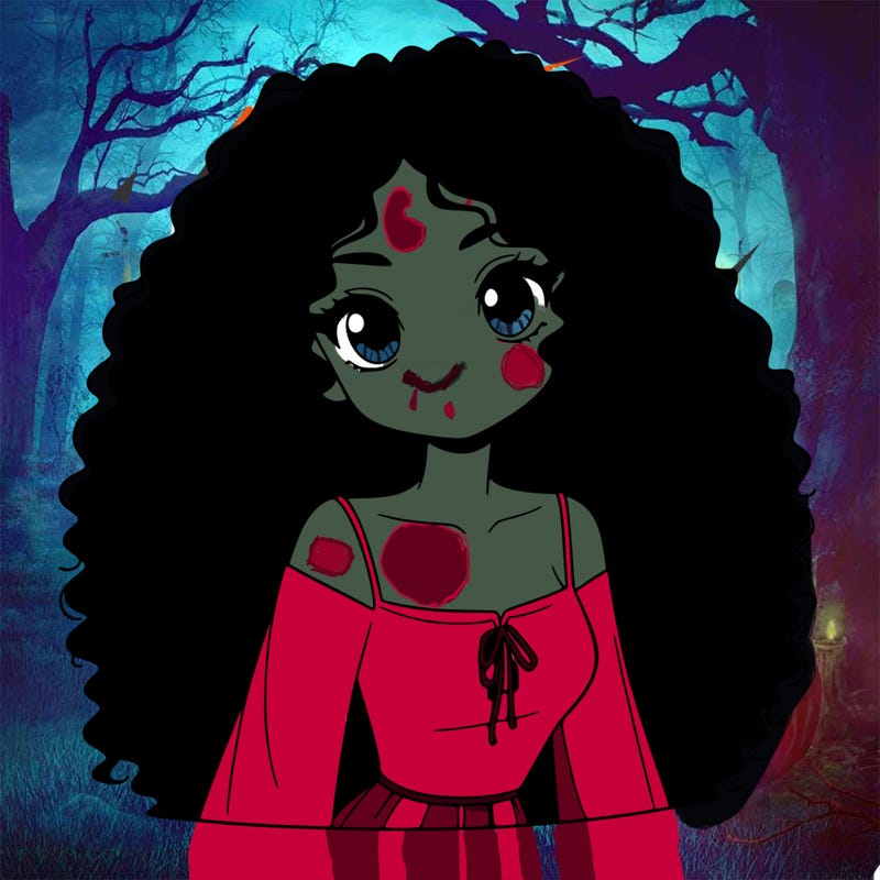 a black anime girl with long afro hair