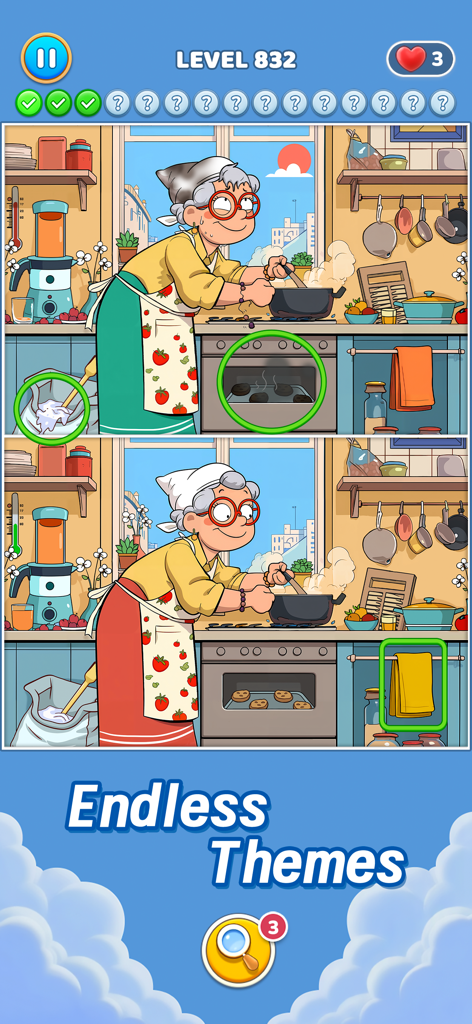 Differences - Spot & Search It - A cartoon puzzle level from the game Differences Spot and Search It featuring an elderly woman cooking in a kitchen