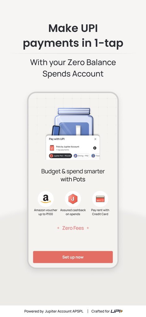 Jupiter: Cards, UPI, Banking - Jupiterアプリのインターフェース。ワンタップUPI支払いとPotsによるスマートな予算管理を表示しています。