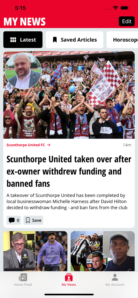 Sección Mis Noticias de la App Daily Star con un titular deportivo sobre el club de fútbol Scunthorpe United.