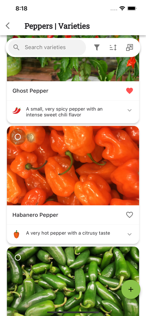 Planter: Garden Planner - Mobile app screen displaying a list of pepper varieties including ghost and habanero with photos and flavor descriptions.