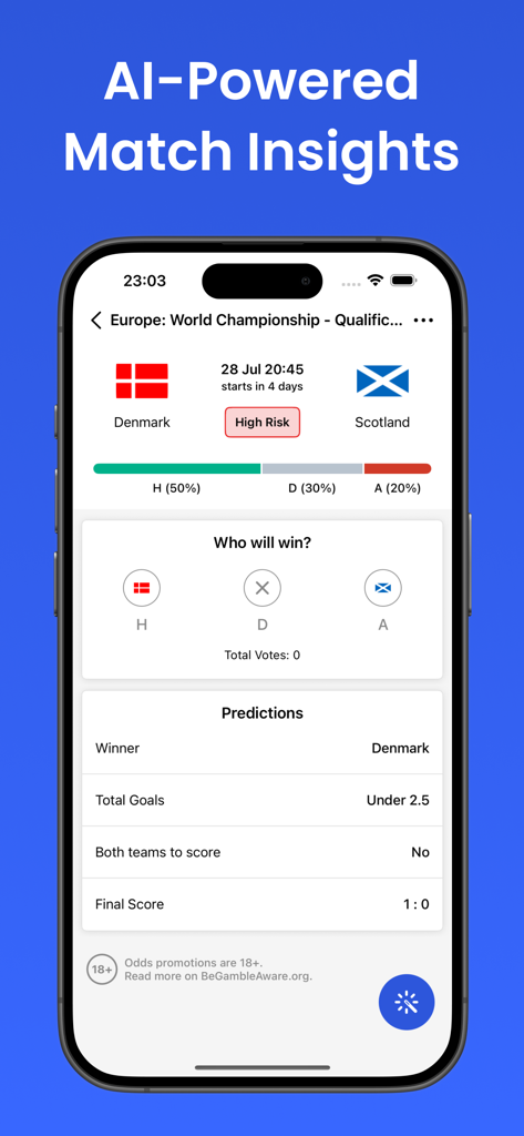 BetScore: Sports Betting Picks - A mobile interface showing AI powered football match insights and betting predictions for a game between Denmark and Scotland on the BetScore app