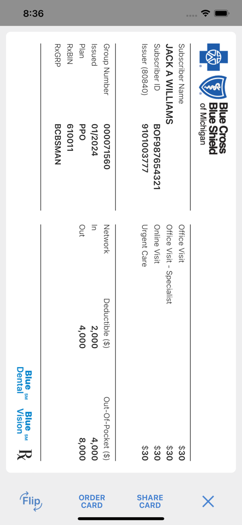 BCBSM - A digital health insurance card displayed in the BCBSM mobile app showing subscriber information and plan coverage details.