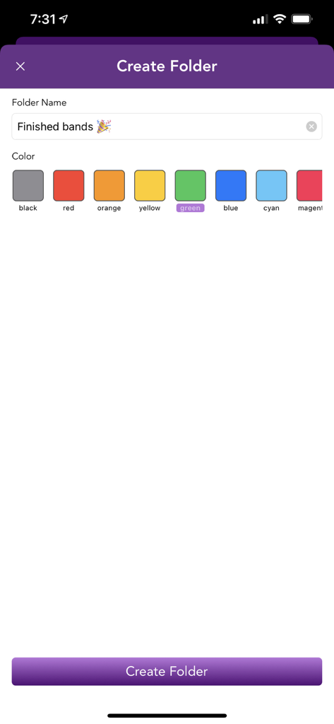 The create folder interface in the Warp Visualizer app showing folder naming and color selection for organizing weaving patterns