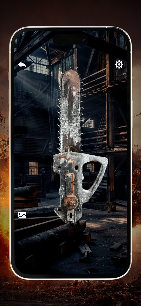 A realistic digital chainsaw displayed on a smartphone screen