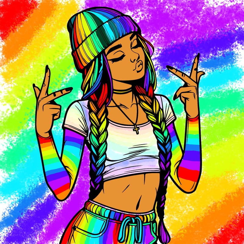 realistic teenage girl with braids and a beanie and crop top doing 🫶🏼