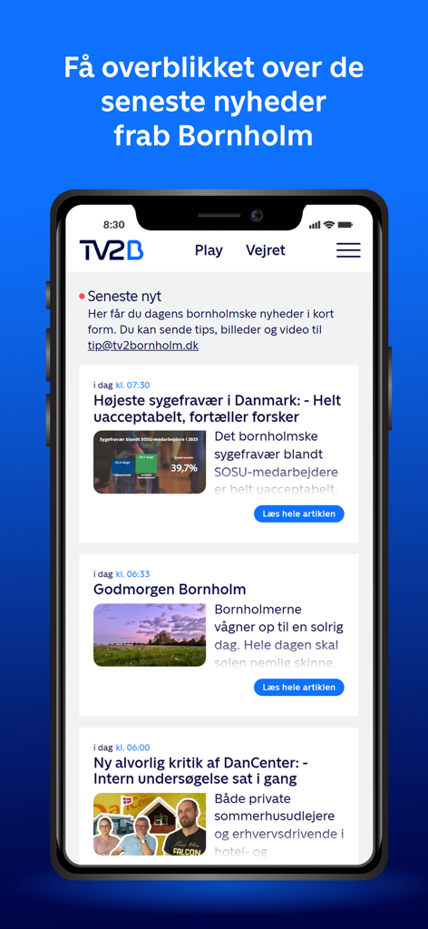 Interface of the TV2 Bornholm mobile app displaying a feed of local news articles from Bornholm Denmark