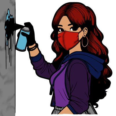 realistic girl with mask spray painting a wall