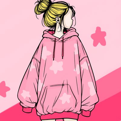 realistic girl with a oversized sweatshirt on and a bun
