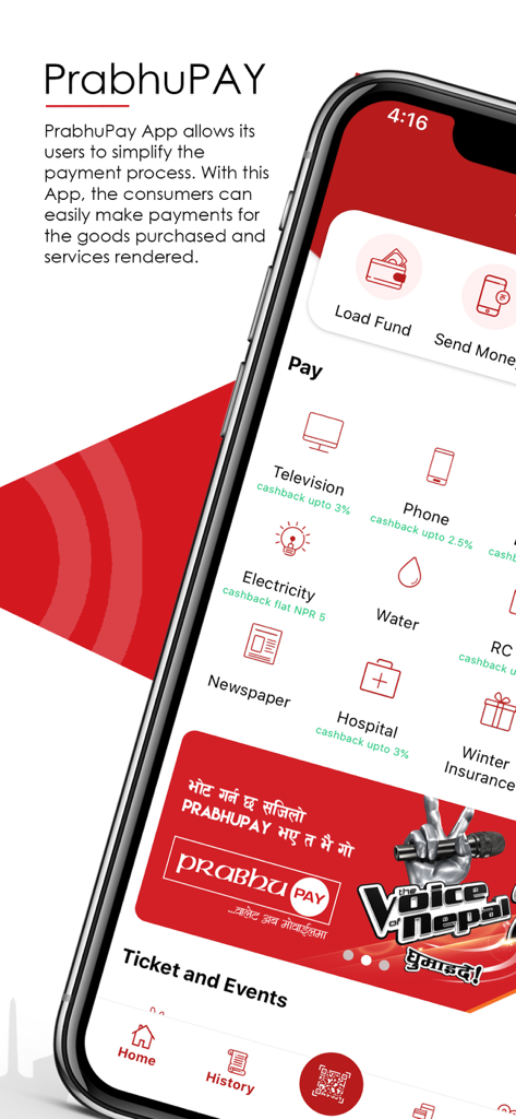 PrabhuPAY - Mobile Wallet - Interface du portefeuille mobile PrabhuPAY montrant les options de paiement pour les services publics et les services