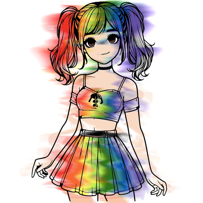 realistic girl in a skirt crop top and pigtails