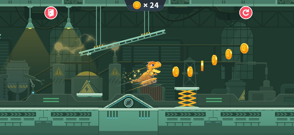 Dinosaur Coding: Kids Games - Robotic dinosaur jumping to collect coins in a factory level