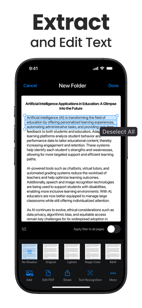 Scanner App - Scan PDF & Docs - Scanner Appのテキスト認識および抽出機能を示すスマートフォンの画面。