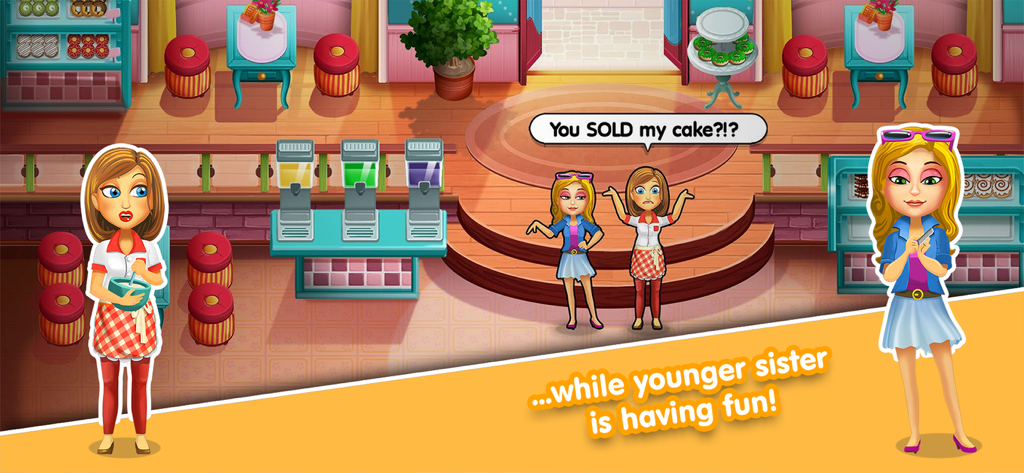 Julie's Sweets - A screenshot from Julie's Sweets showing a narrative scene where Julie is shocked that her sister sold her cake in the bakery.