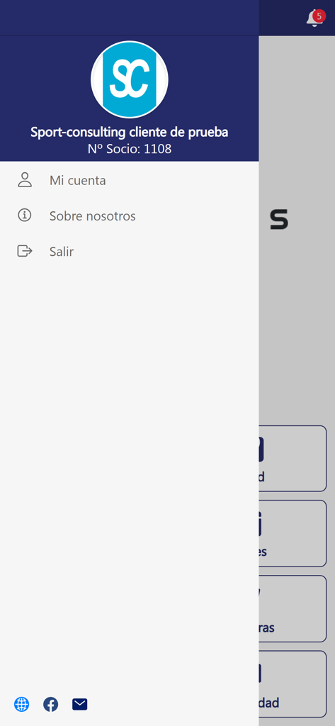 X-Fitness - X-Fitnessモバイルアプリのサイドナビゲーションメニュー、ユーザーアカウントオプションとソーシャルリンクが表示されている