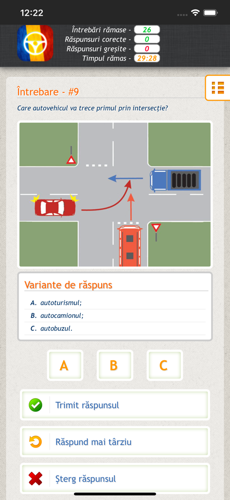 Scoala Auto, Chestionare auto - A practice question from the Scoala Auto app showing a road intersection diagram for the Romanian driving exam.