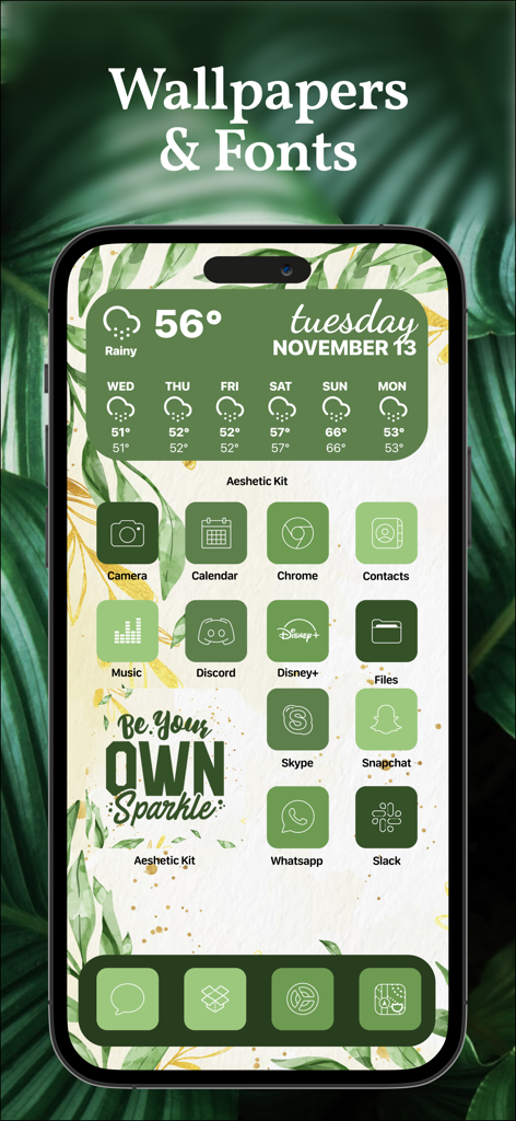 iPhone home screen with customized green icons and widgets in a botanical theme