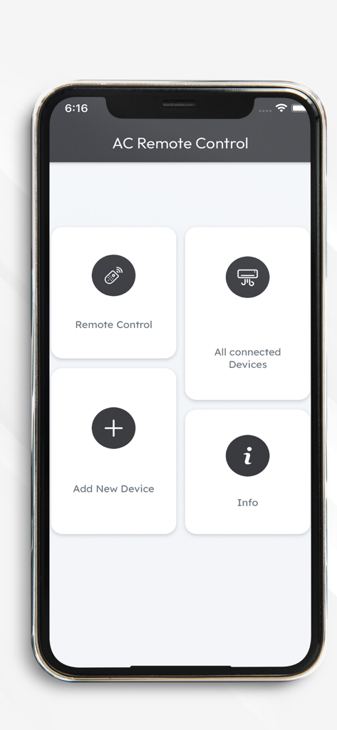 AC remote air conditioner - Main menu of the AC Remote Control app displaying options for remote control, connected devices, adding a new device, and info.