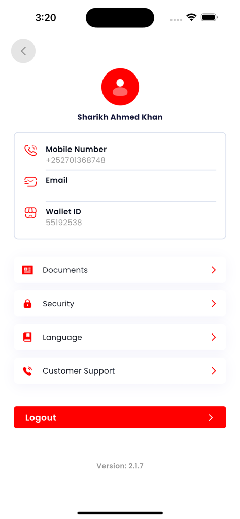 MyCash Subscriber - Profil- und Einstellungsbildschirm der MyCash Subscriber App mit Benutzerkontodetails und Navigationsmenü.