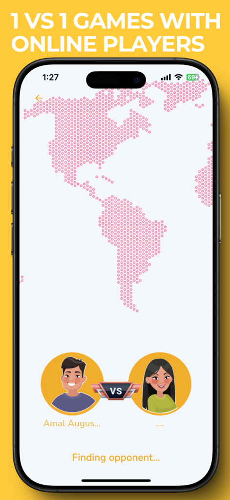 Spelling Bee Spelling Better - 1 vs 1 online spelling game matchmaking screen showing player avatars and a world map