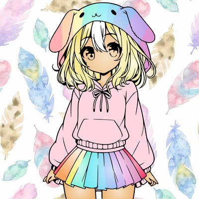 pretty anime girl wearing a fluffy hoodie with bunny ears on the hood and a skirt