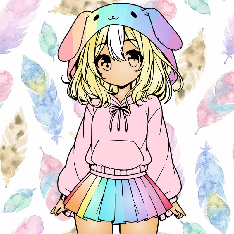 pretty anime girl wearing a fluffy hoodie with bunny ears on the hood and a skirt