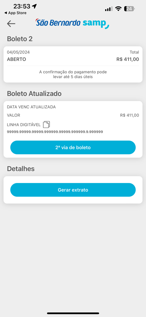 São Bernardo Samp - Financial interface of the Sao Bernardo Samp app showing health plan payment details and bank slip generation options.