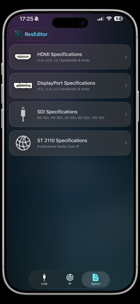 ResEditor mobile app showing the specifications reference menu for HDMI DisplayPort SDI and ST 2110 standards