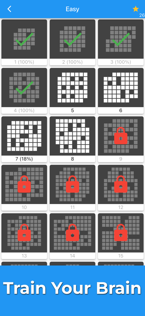 Menú de selección de nivel de Crucigramas Ligeros que muestra niveles de acertijos completados y bloqueados en modo oscuro.