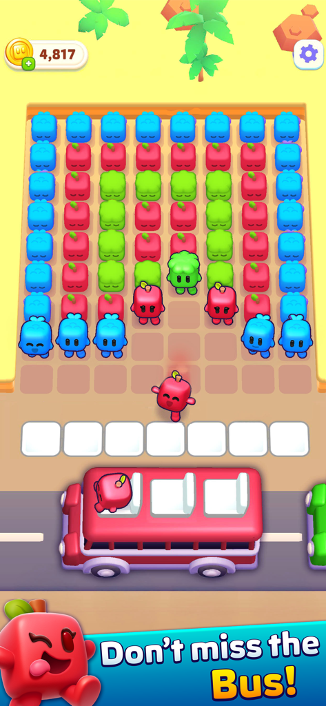 Block Jam - 3D Block Puzzle - Block Jam 3D gameplay showing colorful character blocks being sorted onto a red bus