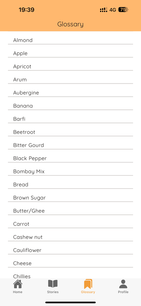 A tela de glossário do aplicativo de aprendizado Fluently Punjabi mostrando uma lista de palavras de alimentos e ingredientes em inglês